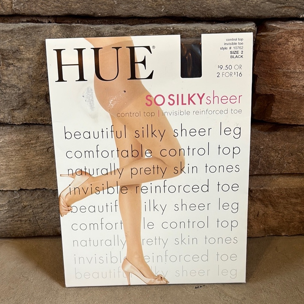 HUE size 2 black so silky control top pantyhose with reinforced toe NIP